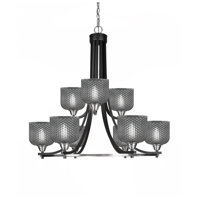 Lustre 9 lumières Allexus en verre fumé noir mat et nickel brossé 6 po, Noir mat/nickel brossé, Noir