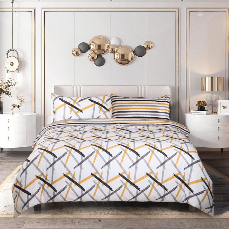 Microfiber Printed Duvet Cover - Soft, Lightweight, Fade-Resistant Bedding with Matching Pillowcases, Ochre Stripe