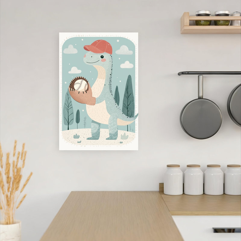 Playful Dinosaur Baseball Playful Abstract Contemporary Animal Nature Wall Art Print by Mathieu - Wrapped Canvas Print
