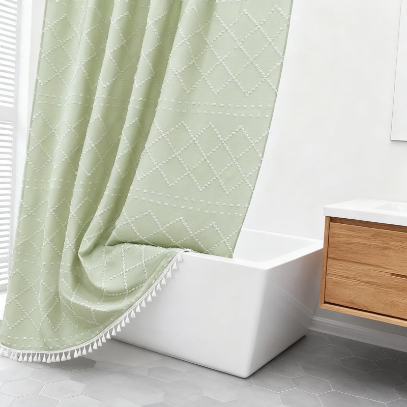 Rideau de douche à pampilles avec motif à chevrons texturé et tissu de salle de bain, Vert