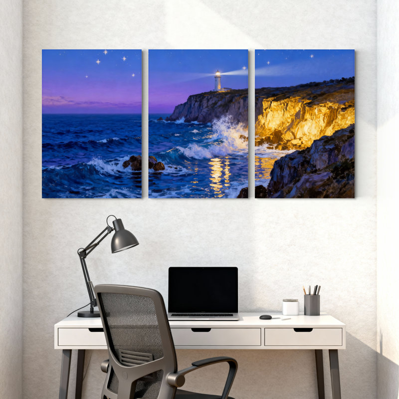 Abstrait phare sur une falaise la nuit avec des vagues, ensemble de 3 impressions sur toile, H 24 po x l 48 po
