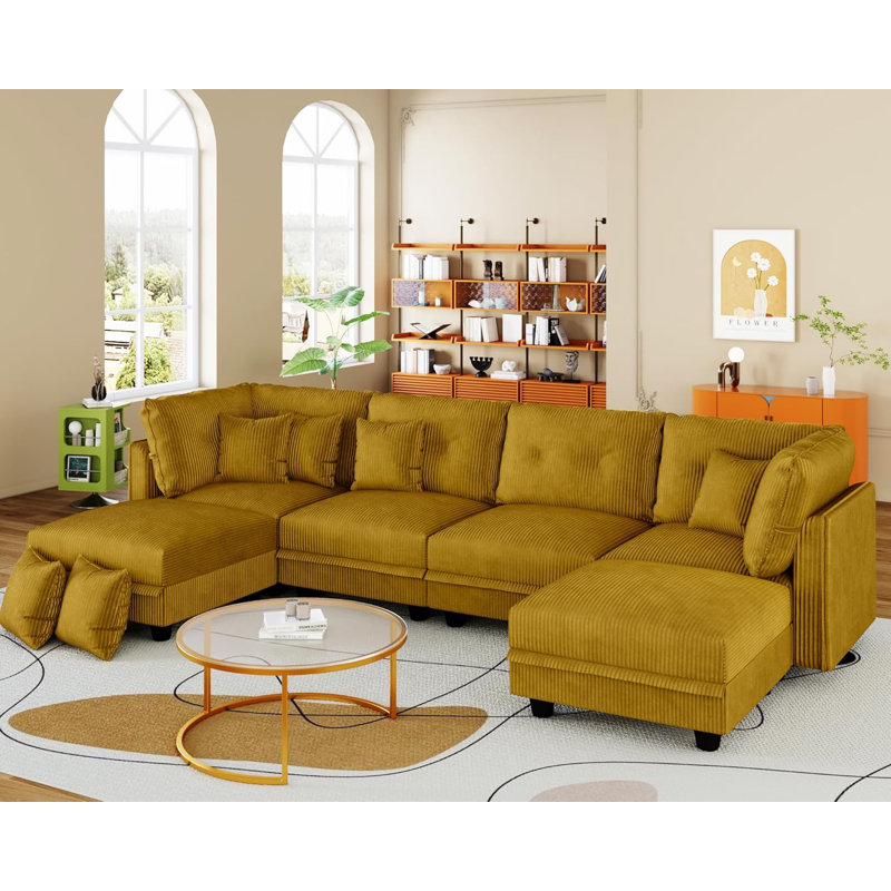 Degennaro 6 Seat Corduroy Convertible Modular Sectional Sofa With Storage, Yellow Corduroy