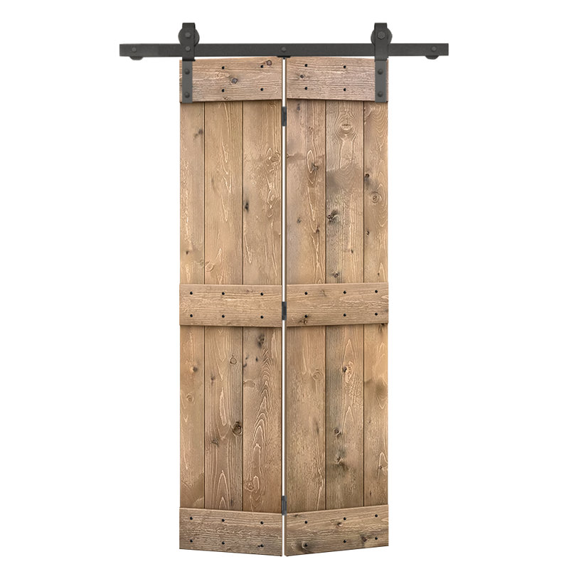 Porte de grange pliante en bois DIY avec ensemble de quincaillerie coulissante, Brun clair, 32 po x 84 po