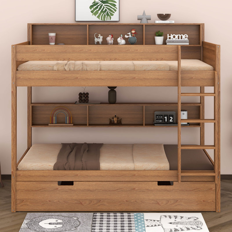 Lit superposé avec rangement et lit gigogne, structure de lit superposé en bois peu encombrante avec tablettes de chevet