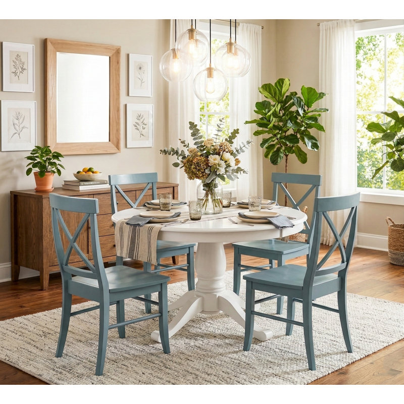 Josanna 4 - Person Pedestal Dining Set, White, Blue