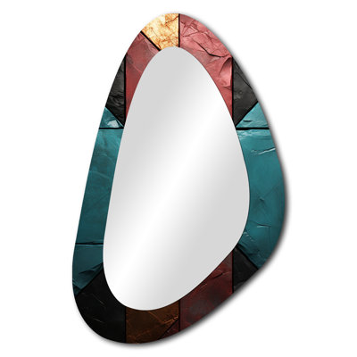 Hortense Blue and red Chevron tiles Elegance II - Tile Asymmetrical Decorative Mirror, Blue Unique Shape Wall Mirror, Printed Metal Art