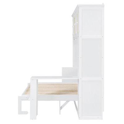 Full Murphy Bed with Desk and Rattan Cabinets, Space-Saving Wall Bed for Home Office