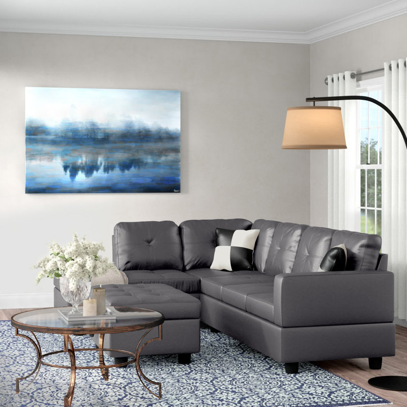 Canapé et chaise longue avec repose-pieds Beesley, Orienté à gauche (vu de face), Similicuir gris foncé, Noir