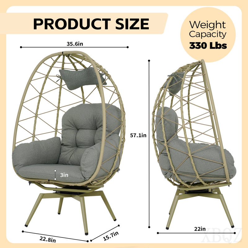 Oversized 360° Swivel Rattan Egg Chair Wicker Indoor Outdoor Patio Lounge Chair With Removable Thick Cushions, Cyan, Cyan