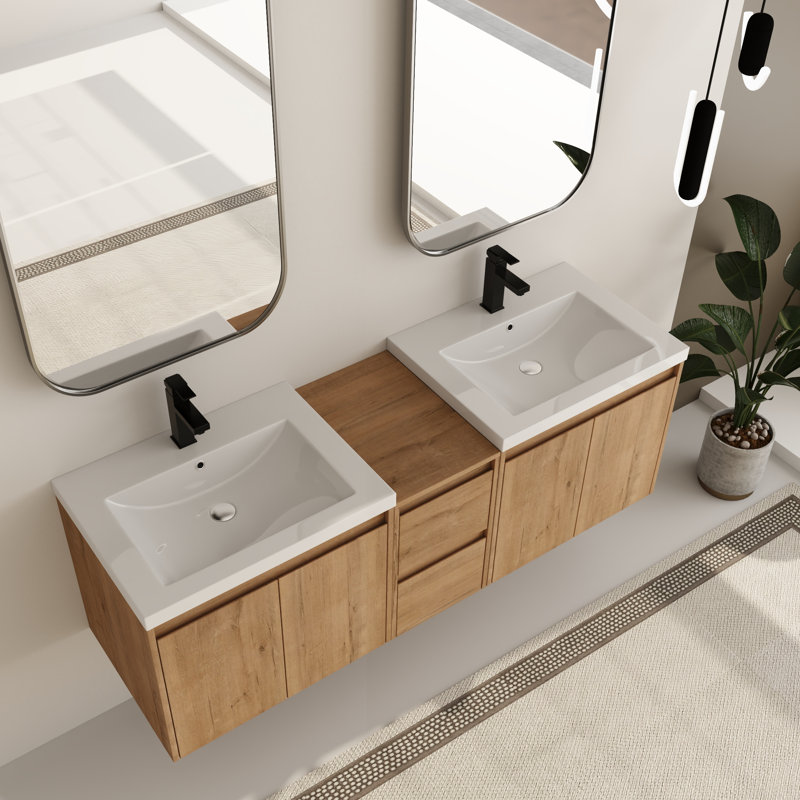  Ensemble de meuble-lavabo mural double 60 po avec plateau en résine Bellmead, 60"