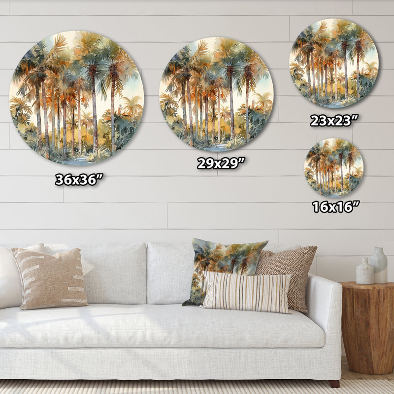 Palmier vert paradis III - art floral rond en métal, H 36 po x l 36 po