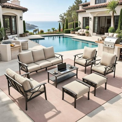 7 meubles de patio en métal toutes saisons avec 9 sièges, coussins beiges épais de 4 pouces, structure kaki, table basse et repose-pieds pour jardin de jardin 9, 7 pièces et cour