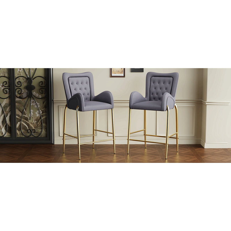 28.75" Counter Height Bar Stools Set Of 2, Bar Height Arm Chairs, Velvet Stools With Golden Legs & Footrests, Gray