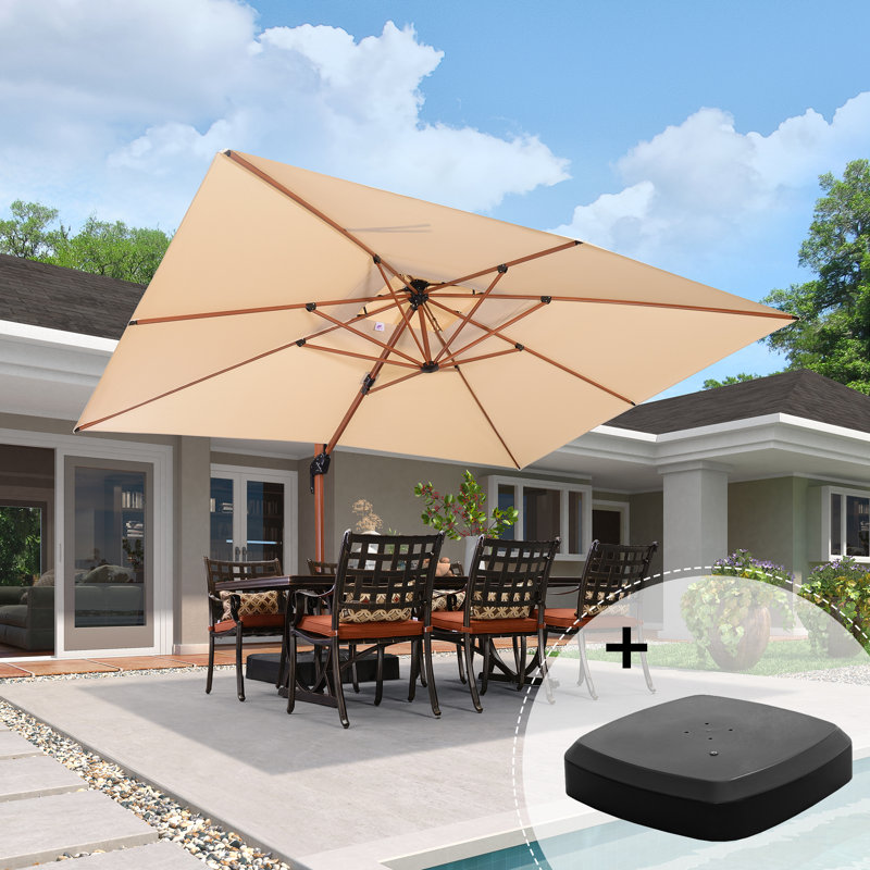 156'' x 120'' Rectangular Wood Pattern Cantilever Umbrella With Wheeled Base,Beige, Beige