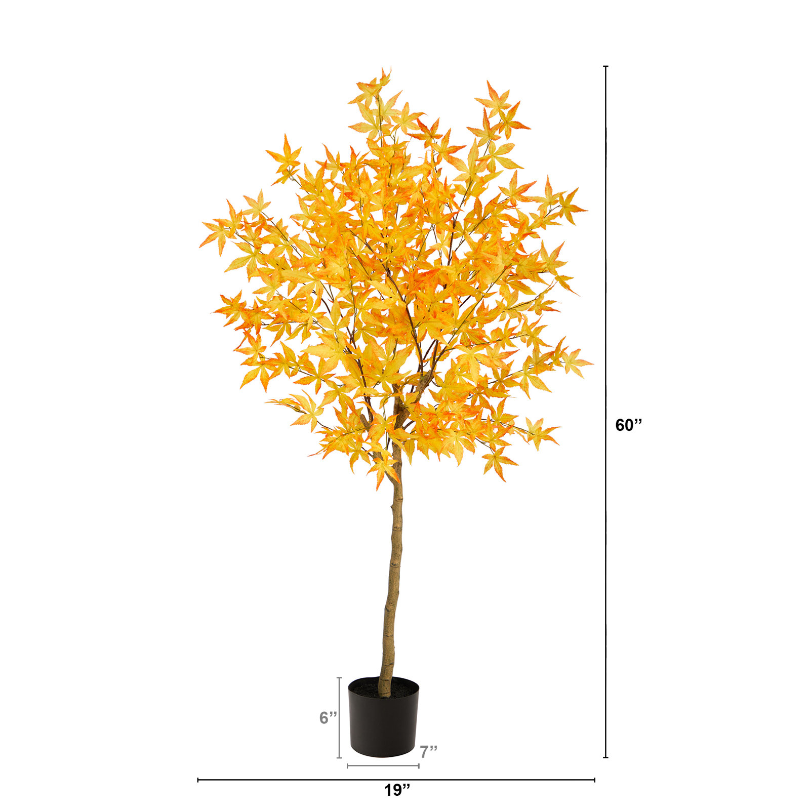 Faux Maple Tree in Freestanding, 60" H x 19" W x 12" D, Yellow