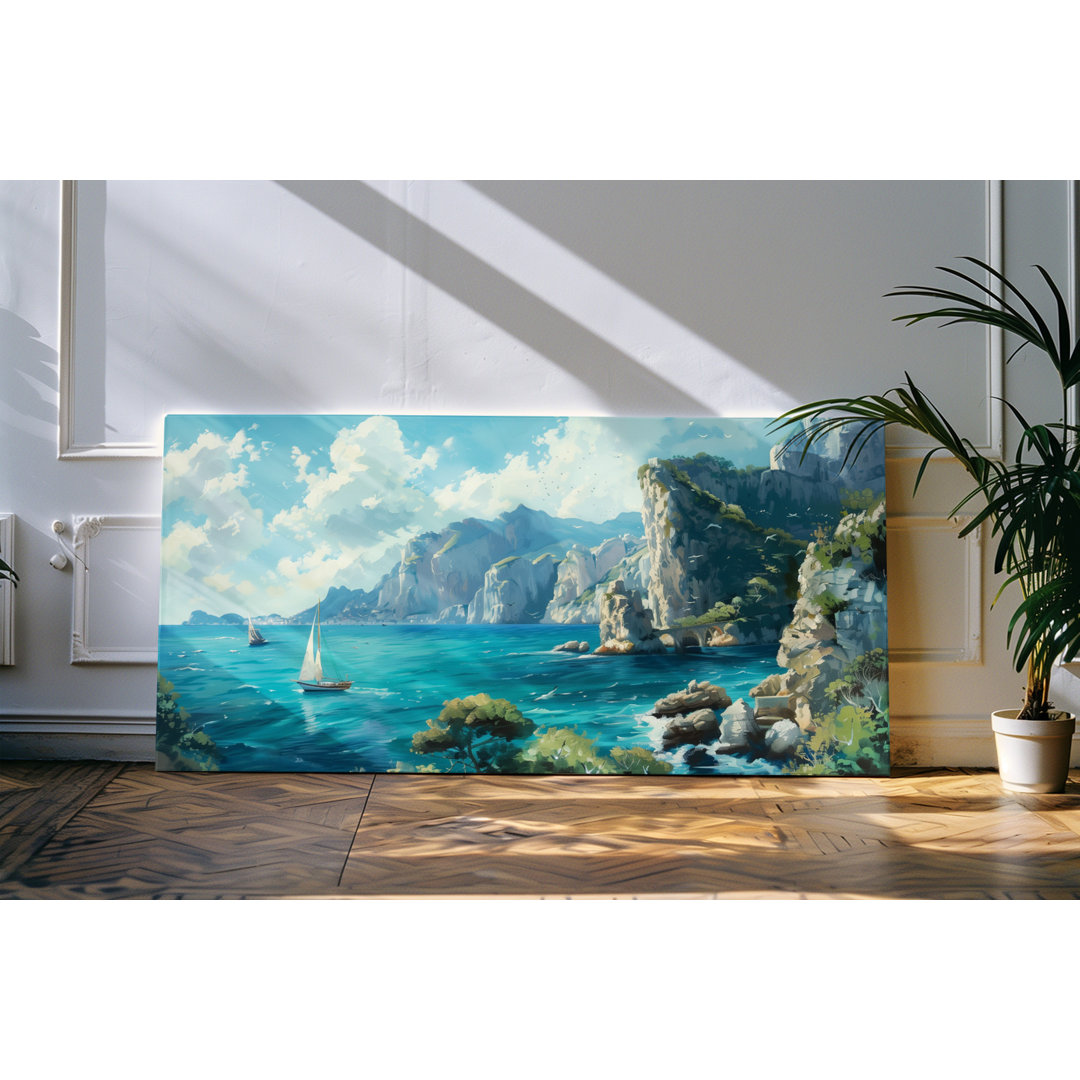 Leinwandbild gerahmt 120x60cm Meer Küste Klippen Segelboote Blau Kunstvoll