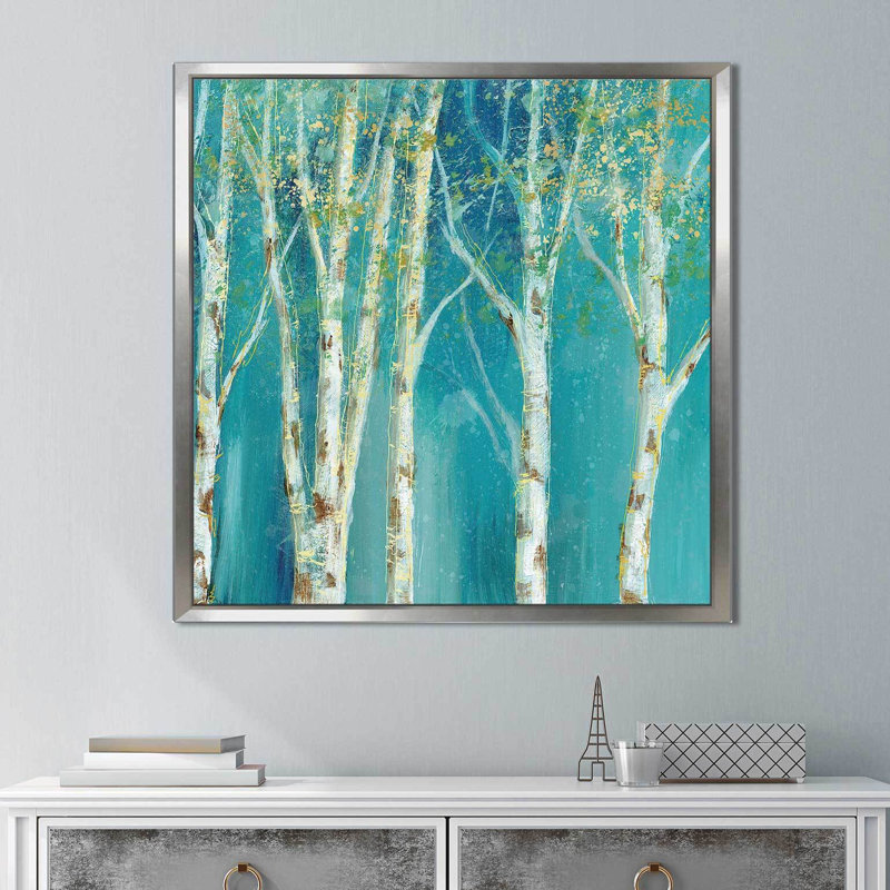 «Birch II», reproduction de peinture acrylique, H 21,5 po x l 21,5 po x P 2 po, Cadre flottant argent