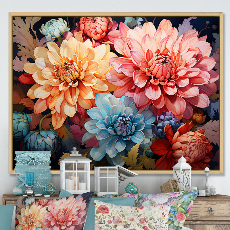 «Mums Burst With Fierce Brushwork Intense Colors I», reproduction sur toile, Cadre naturel flottant