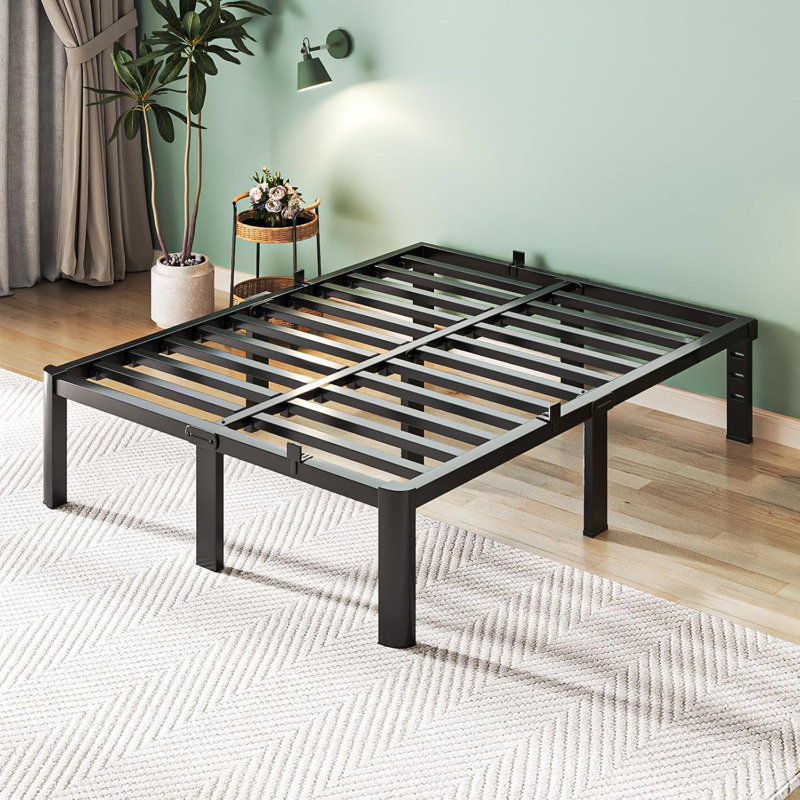 Queen Size 18 Inch Metal Bed Frame with Reinforced Steel Slats and Storage Space, Queen