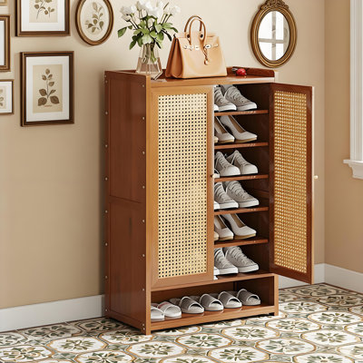 Modern Minimalist 7-Tier Bamboo Shoe Storage Cabinet with Adjustable Shelves & Rattan Doors 