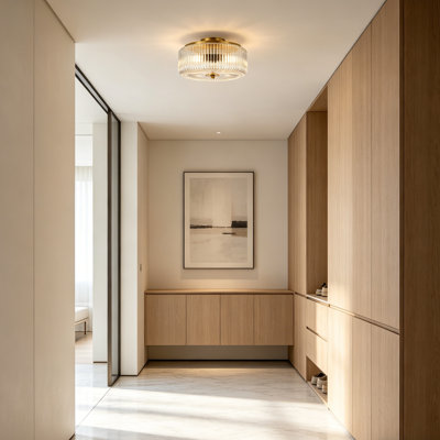 3-Light Gold Semi-Flush Mount Ceiling Light, Modern Hallway Ceiling Lamp With Ribbed Clear Glass Shade, Bright Close-To-Ceiling Light For Bedroom, Kitchen, Foyer, Dining & Living Room