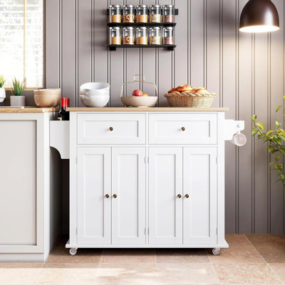 Chariot pour îlot de cuisine avec plateau en bois massif, table à roulettes portable sur roulettes avec tiroir et armoire de rangement, porte-épices, porte-serviettes