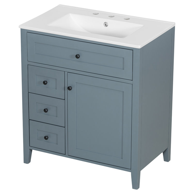 Meuble-lavabo autoportant de 30 pouces avec lavabo, panneau de fibres à densité moyenne moderne et bois d'hévéa avec 3 tiroirs et tablette réglable