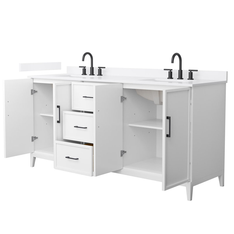 Elan 72'' Double Bathroom Vanity with Quartz Top, Matte Black, 8" Center, White