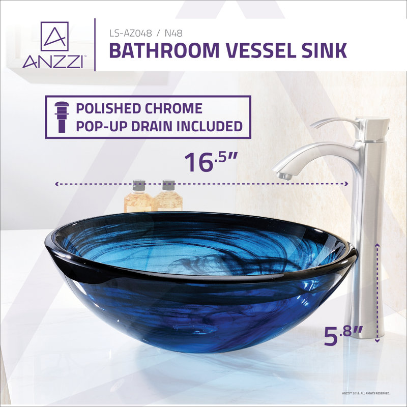 ANZZI Thalu 16.5'' Sapphire Wisp Tempered Glass Circular Bathroom Sink