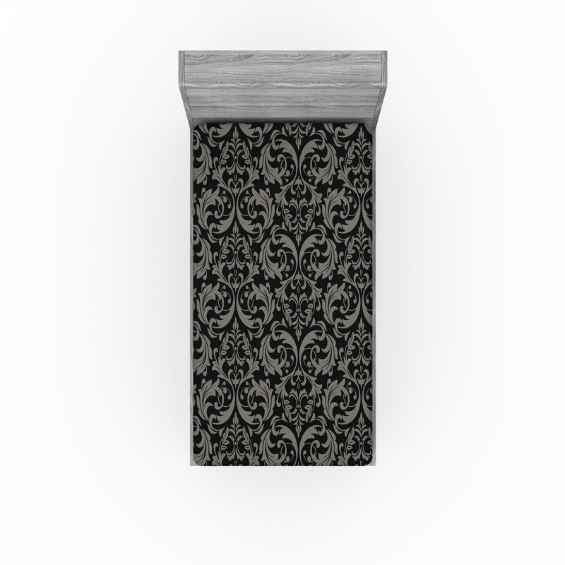 Ambesonne Nature Fitted Sheet Leaves Botanical Style Art, Charcoal Gray/Pale Gray Damask, Twin XL Fitted Sheet