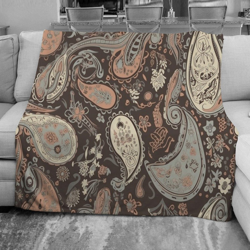 Botanical Fleece Throw, 51" W x 60" L, Green/Navy Paisley