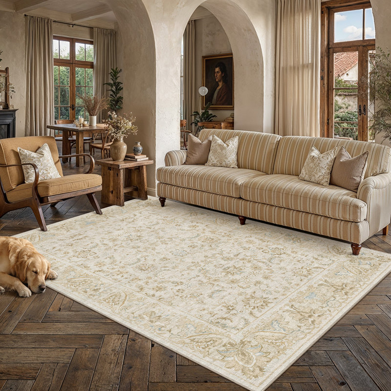 Tapis oriental lavable en machine Nestiva, Beige, Rectangle 8 pi x 10 pi
