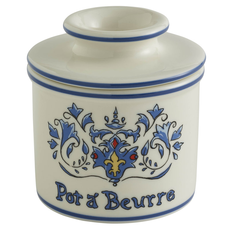 Butter Bell - The Original Butter Bell Crock, Art Nouveau, blanc avec bandes bleues