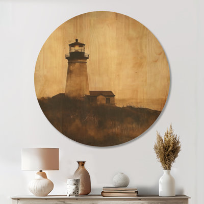 Phare du Crépuscule Doré IV - Décoration murale ronde en bois sur le thème de l'océan