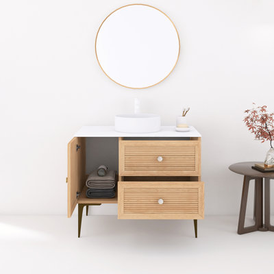 Meuble-lavabo de 36 po avec lavabo, armoire de rangement autoportante en contreplaqué avec 4 pieds en métal, une porte et 2 tiroirs, lavabo en céramique blanc sans robinet, pré-assemblé, couleur grain de bois de chêne