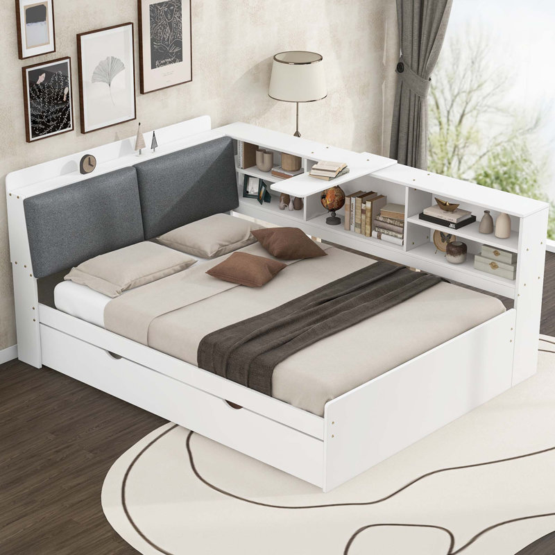 Platform bed with Trundle, White, Full