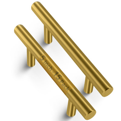 Mega Handles - Ensemble de 15 poignées en acier inoxydable | Poignées de tiroir de cuisine 5 pouces | Distance de trou de 3 pouces - laiton satiné