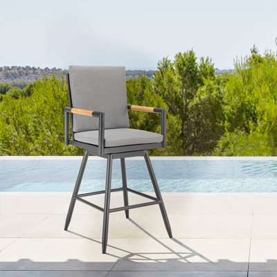 Koslya Outdoor Patio Swivel Stool in Aluminum with Wood Accent and Cushions by George Oliver