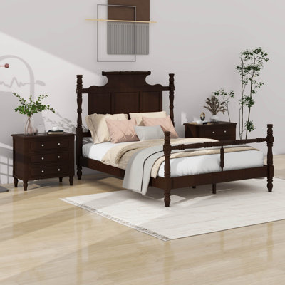 3 Pieces Bedroom Sets Vintage Country Style Wood Four Poster Platform Bed With 2 Three-Drawer Nightstands