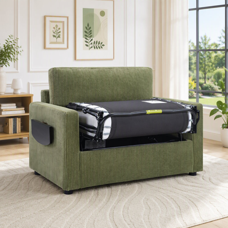 Canapé-lit convertible deux places avec table pliante et ports USB, Velours côtelé vert