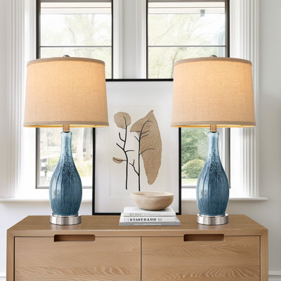 24.5"modern gradient blue glass table lamp with USB port for bedroom,living room and dining room Room And Dining Room