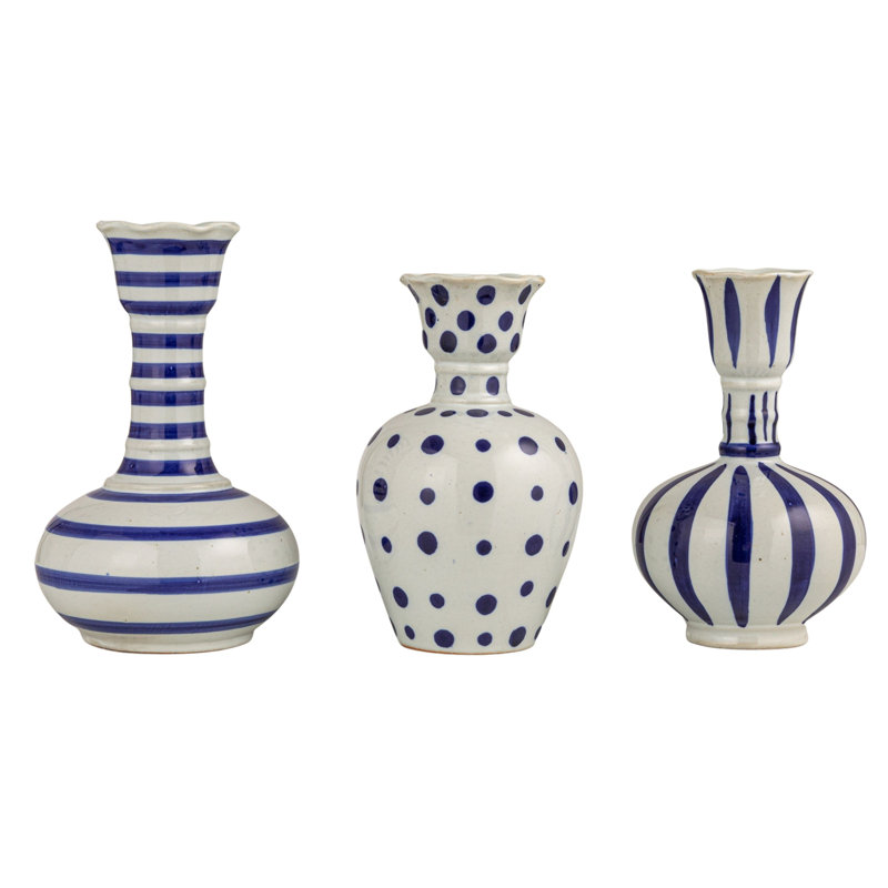 3-Piece Hand-Painted Stoneware Vase With Dots/Stripes