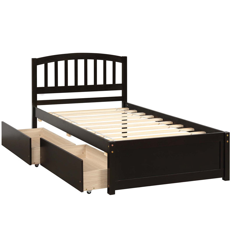 Twin Size Platform Bed Wood Bed Frame With Trundle, Espresso