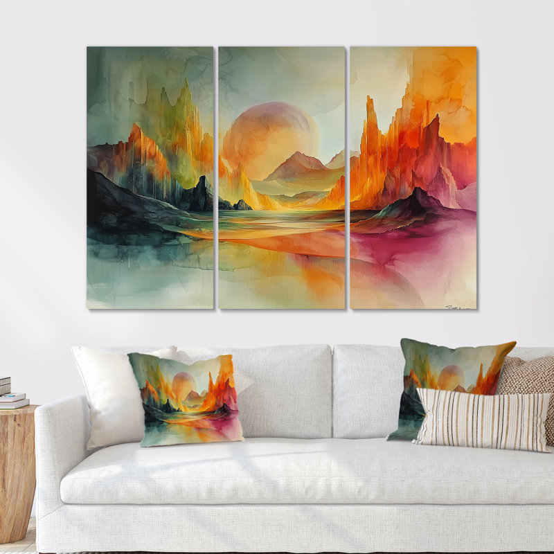 Ensemble de salon vert et orange Tachisme Landscape II - Tachisme Wall Art, Métal métal, H 28 po x l 36 po x P 1 po