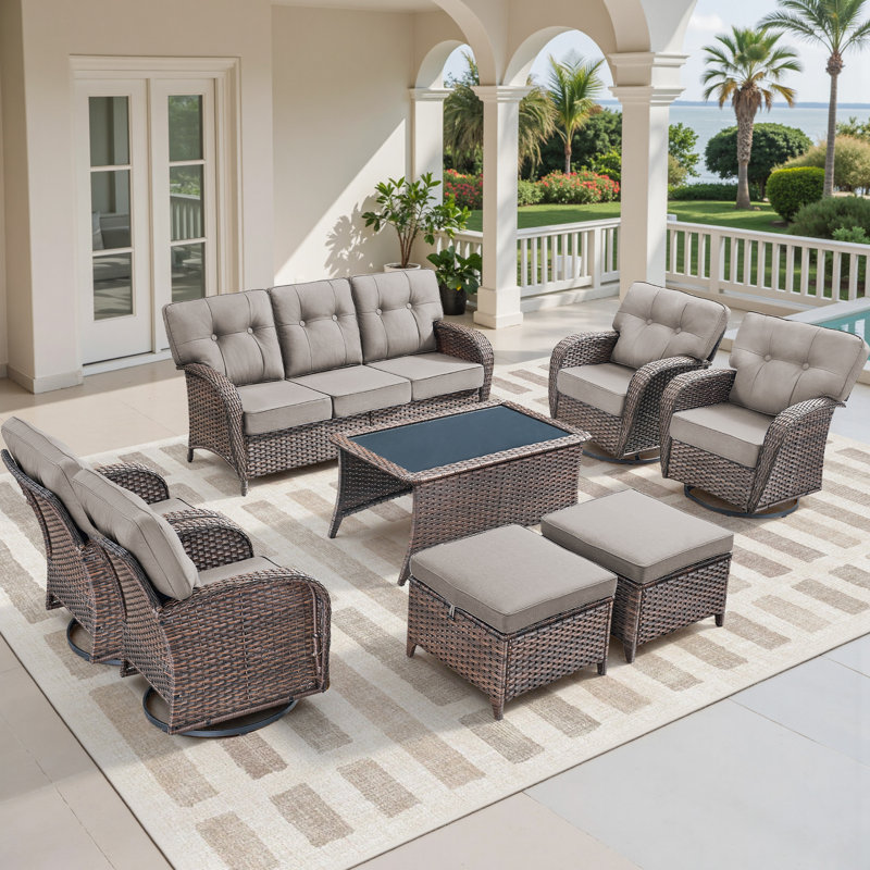 8-Piece Patio Furniture Set, All-Weather Outdoor Seating Set With Swivel Glider Chairs, Gray