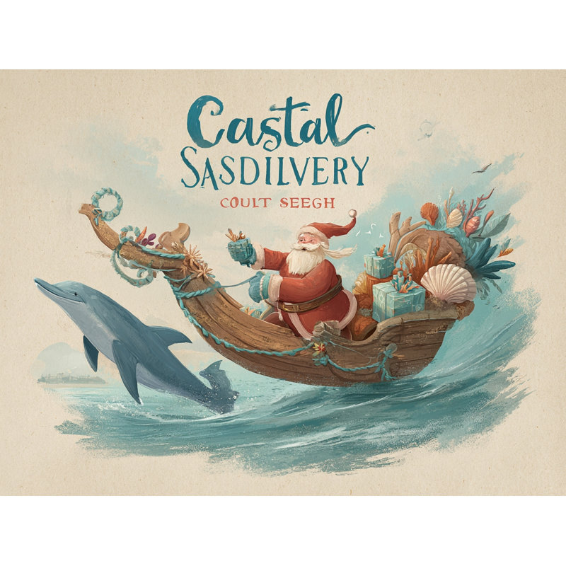 «Santa in Seashell Boat with Dolphin», art mural sur toile tendue