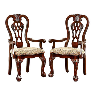 Fauteuils de luxe 2 pour la salle à manger, bois massif, couleur cerise, siège en tissu avec imprimé, dossier complexe et pieds à griffes, finition classique 2 pièces, tissu imprimé, dossier