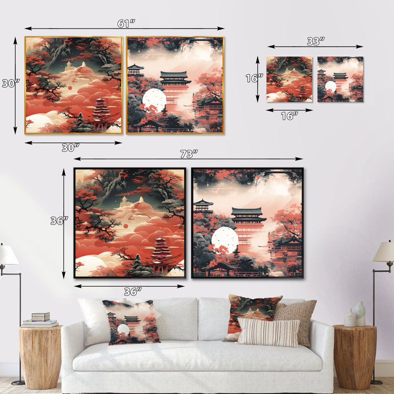 Light Red Torii Gate Japanese Pattern - Abstract Landscapes Square Collage Set Of 2, Black Floater Framed, 16" H x 33" W