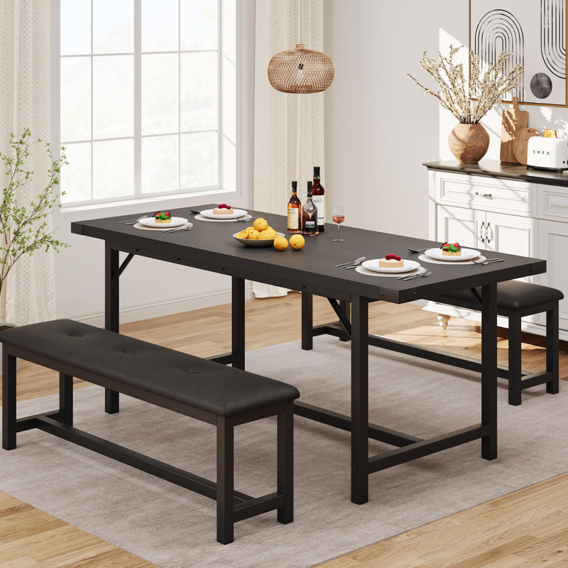 Ensemble de table de salle à manger pour 4-6, table de salle à manger extensible en bois de 63 po avec protecteur d'angle et 2 bancs rembourrés, ensemble de table de cuisine pour appartement, petit espace, assemblage facile