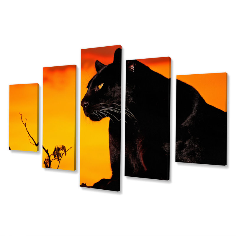 «Black Panther Silent Shadows Silhouette», reproduction d'art murale animaux - 5 panneaux